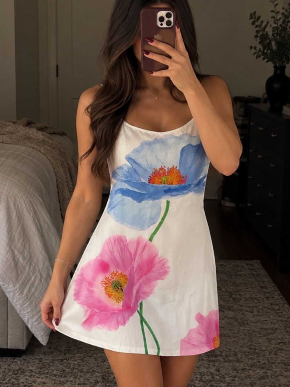 White Watercolor Poppy Floral Slip Mini Dress Size Small